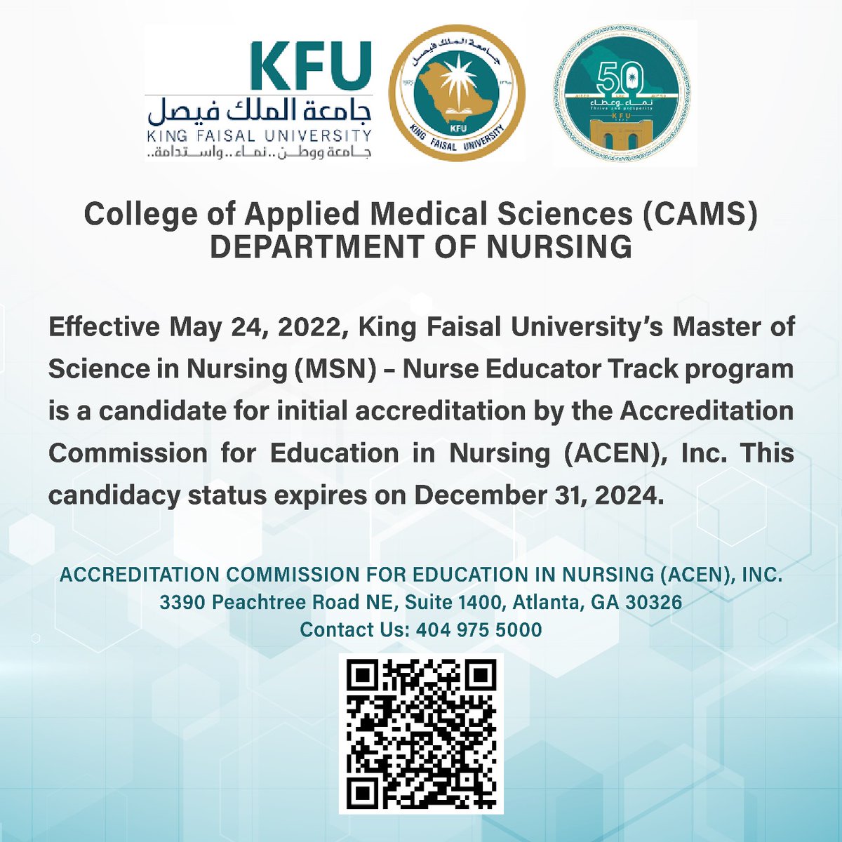 KFUCAMSNursing's tweet photo. Since May 24, 2022, @KFUniversity’s Master of Science in Nursing (MSN) – Nurse Educator Track program is a candidate for initial accreditation by the @acenursing Accreditation Commission for Education in Nursing (ACEN), Inc. This candidacy status expires on December 31, 2024💖 https://t.co/Ag3o3PVn6o