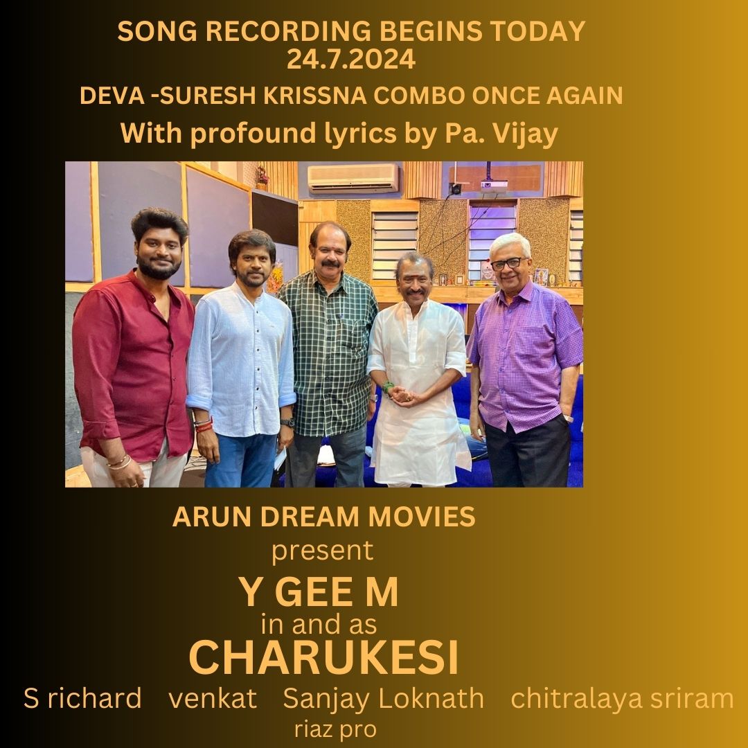 'Thenisai Thendral' Deva (@ungaldevaoffl) on Twitter photo With the blessings of the Almighty, we begin the song recording of #ArunDreamMovies presents 'Charukesi' directed by <a href="/Suresh_Krissna/">sureshkrissna</a> and starring #ygeemahendran with profound lyrics by <a href="/pavijaypoet/">PA.VIJAY</a> 🎹
Need all your love and support 🙏🏼
<a href="/RIAZtheboss/">RIAZ K AHMED</a> <a href="/ParasRiazAhmed1/">Paras Riyaz</a> <a href="/V4umedia_/">V4U Media</a> With the blessings of the Almighty, we begin the song recording of #ArunDreamMovies presents 'Charukesi' directed by <a href="/Suresh_Krissna/">sureshkrissna</a> and starring #ygeemahendran with profound lyrics by <a href="/pavijaypoet/">PA.VIJAY</a> 🎹
Need all your love and support 🙏🏼
<a href="/RIAZtheboss/">RIAZ K AHMED</a> <a href="/ParasRiazAhmed1/">Paras Riyaz</a> <a href="/V4umedia_/">V4U Media</a>