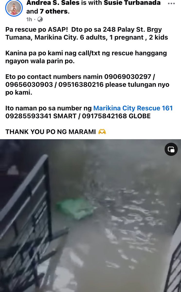 HELLO! NEED RESCUE ASAP!!! 
WALA PAPONG UPDATE SA COMSEC NOONG NAGPOST IF NARESCUE NA SILA, PERO NEED HELP SINCE MAY KASAMA SILA PREGNANT AND KIDS. HELP RT!!! 
LOCATION: 248 PALAY ST. BRGY. TUMANA, MARIKINA CITY 

#RescuePH #CarinaPH #RescuePH