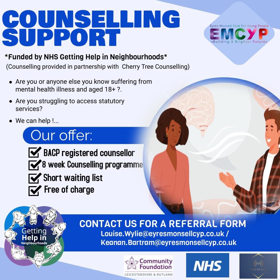 Keanan Bartram (@keanan_bartram1) on Twitter photo *FREE COUNSELLING SERVICE*
(Open to all adults across Leicester & Leicestershire)
The project is designed to support those who are suffering with their mental health and wellbeing, and would benefit from 1-1 counselling sessions. 
💚Please do help spread the word !.💚
<a href="/EMCYP_/">Eyres Monsell CYP</a> *FREE COUNSELLING SERVICE*
(Open to all adults across Leicester & Leicestershire)
The project is designed to support those who are suffering with their mental health and wellbeing, and would benefit from 1-1 counselling sessions. 
💚Please do help spread the word !.💚
<a href="/EMCYP_/">Eyres Monsell CYP</a>