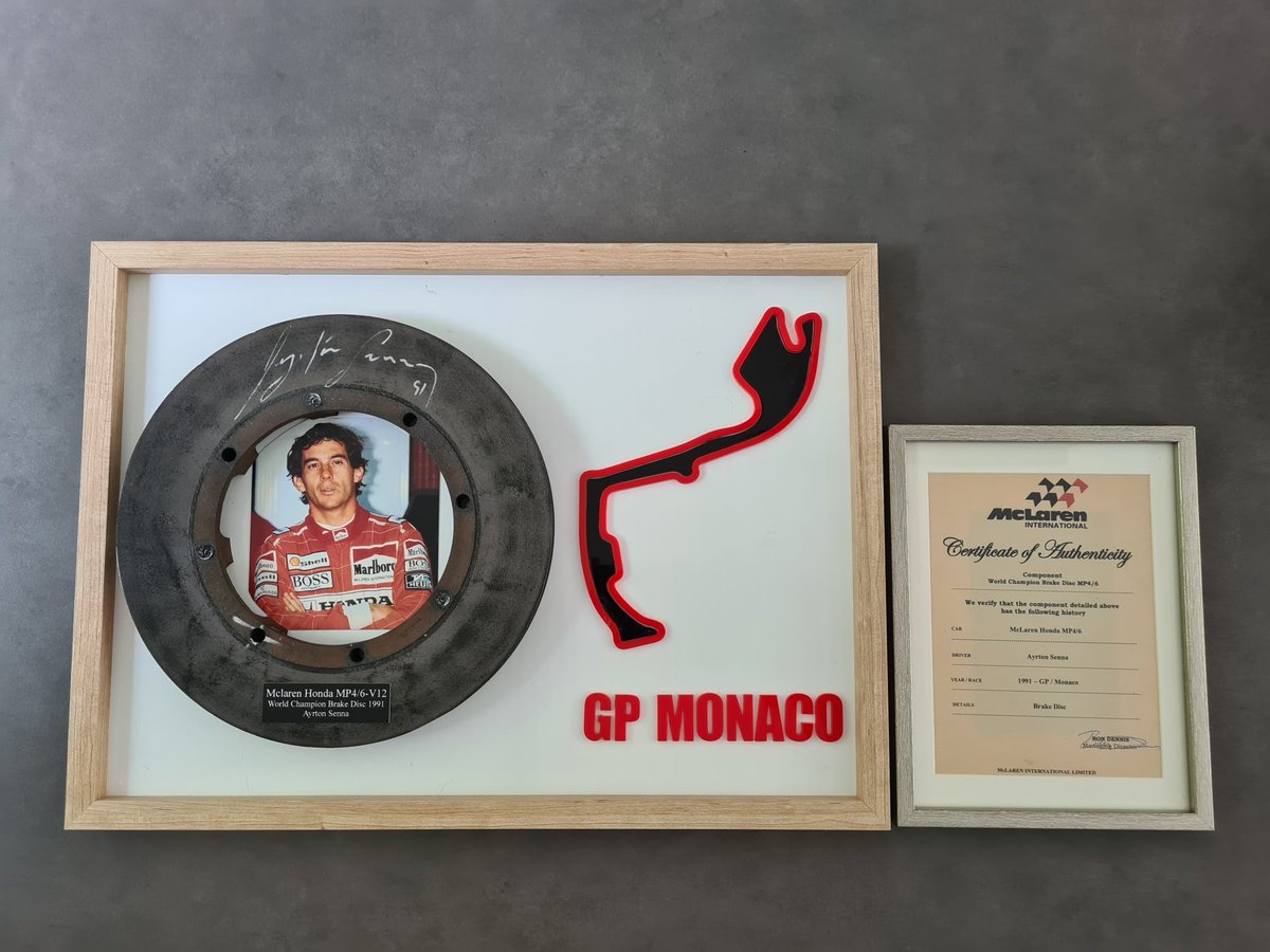 1991 Ayrton Senna McLaren MP4/6 Brake disk signed, used by Ayrton Senna during the 1991 Monaco GP.
It comes from the legendary McLaren MP4/6
It is hand signed and dated by Ayrton Senna.
This extraordinary piece is accompanied by a McLaren certificate.

Price upon request