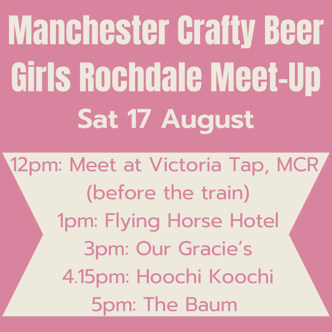 Ginger,AleEnthusiast (@fcslattery) on Twitter photo Our next Manchester <a href="/craftybeergirls/">Crafty Beer Girls</a> Meet-Up is a Rochdale pubcrawl!
Sat 17 Aug
If you like, you can meet me at Vic Tap before catching the 12:36pm train or Bethan at Rochdale Bus/Tram Station at 12:55pm.
Food on offer at 3 of the venues + options for more venues if we fancy! Our next Manchester <a href="/craftybeergirls/">Crafty Beer Girls</a> Meet-Up is a Rochdale pubcrawl!
Sat 17 Aug
If you like, you can meet me at Vic Tap before catching the 12:36pm train or Bethan at Rochdale Bus/Tram Station at 12:55pm.
Food on offer at 3 of the venues + options for more venues if we fancy!