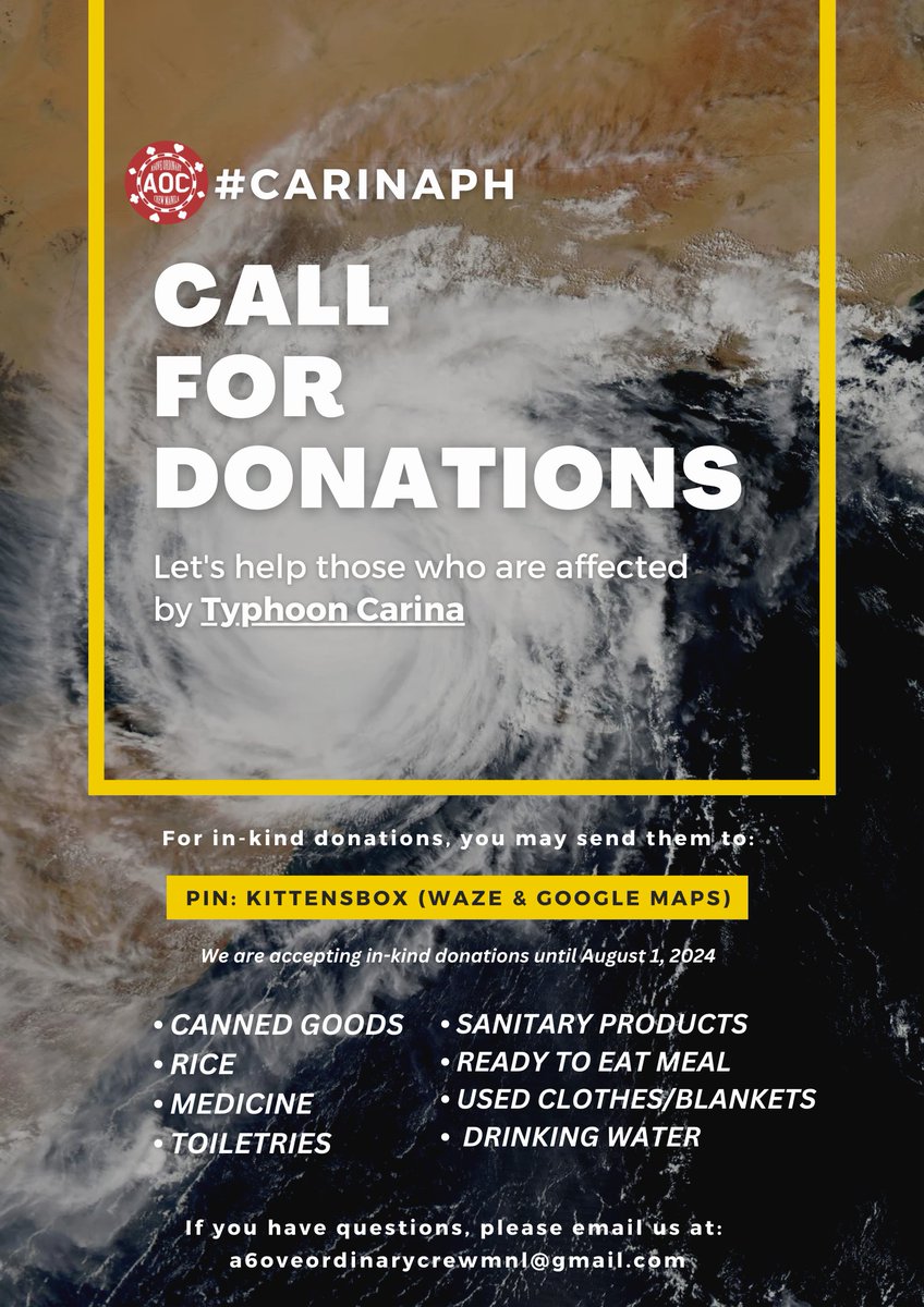 a6ovecrewmnl's tweet photo. CALL FOR DONATIONS FOR #CARINAPH 

We are bringing back our bayanihan project to give aid for the victims of the recent typhoon. We are accepting monetary donations and in-kind donations.

https://t.co/YR753ng9eq https://t.co/bYF3typQSM