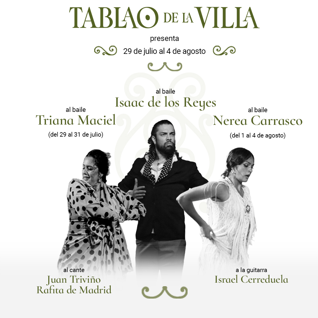 Programación del #TablaodelaVilla en el centro histórico de #Madrid del 29 de julio al 4 de agosto.

Reservas:
+34 912 042 428
tablaodelavilla.com