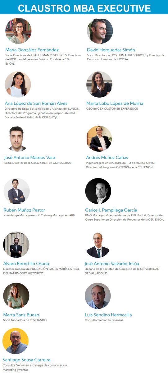 Escuela de Negocios CEU Castilla y León (@ceucyl) on Twitter photo Conoce a los profesores de nuestro #MBA #Executive (19ª ed.):
<a href="/ana_antolin/">Ana Antolín</a> <a href="/TeresaAntonJ/">Teresa Anton</a> <a href="/javiercidgil/">Javier Cid</a> <a href="/jlelorduy/">Juan Luis Elorduy</a> <a href="/AbueloConsultor/">Antonio J. Fernandez</a> <a href="/mariagalmes192/">María Galmés Cerezo</a> <a href="/TomsGonzlezCab1/">Tomás González Caballero</a> <a href="/herguedas1/">David Herguedas</a> <a href="/Anamasanro/">Ana López de S.Román</a> <a href="/amunozcanas/">Andrés Muñoz</a> <a href="/rubenmun/">Rubén Muñoz</a> <a href="/luissendinoh/">Luis Sendino</a> <a href="/SantiSousa/">Santiago Sousa ҉</a> <a href="/CJPampliega/">Carlos Pampliega PMP</a>
👉acortar.link/NtAXoN Conoce a los profesores de nuestro #MBA #Executive (19ª ed.):
<a href="/ana_antolin/">Ana Antolín</a> <a href="/TeresaAntonJ/">Teresa Anton</a> <a href="/javiercidgil/">Javier Cid</a> <a href="/jlelorduy/">Juan Luis Elorduy</a> <a href="/AbueloConsultor/">Antonio J. Fernandez</a> <a href="/mariagalmes192/">María Galmés Cerezo</a> <a href="/TomsGonzlezCab1/">Tomás González Caballero</a> <a href="/herguedas1/">David Herguedas</a> <a href="/Anamasanro/">Ana López de S.Román</a> <a href="/amunozcanas/">Andrés Muñoz</a> <a href="/rubenmun/">Rubén Muñoz</a> <a href="/luissendinoh/">Luis Sendino</a> <a href="/SantiSousa/">Santiago Sousa ҉</a> <a href="/CJPampliega/">Carlos Pampliega PMP</a>
👉acortar.link/NtAXoN