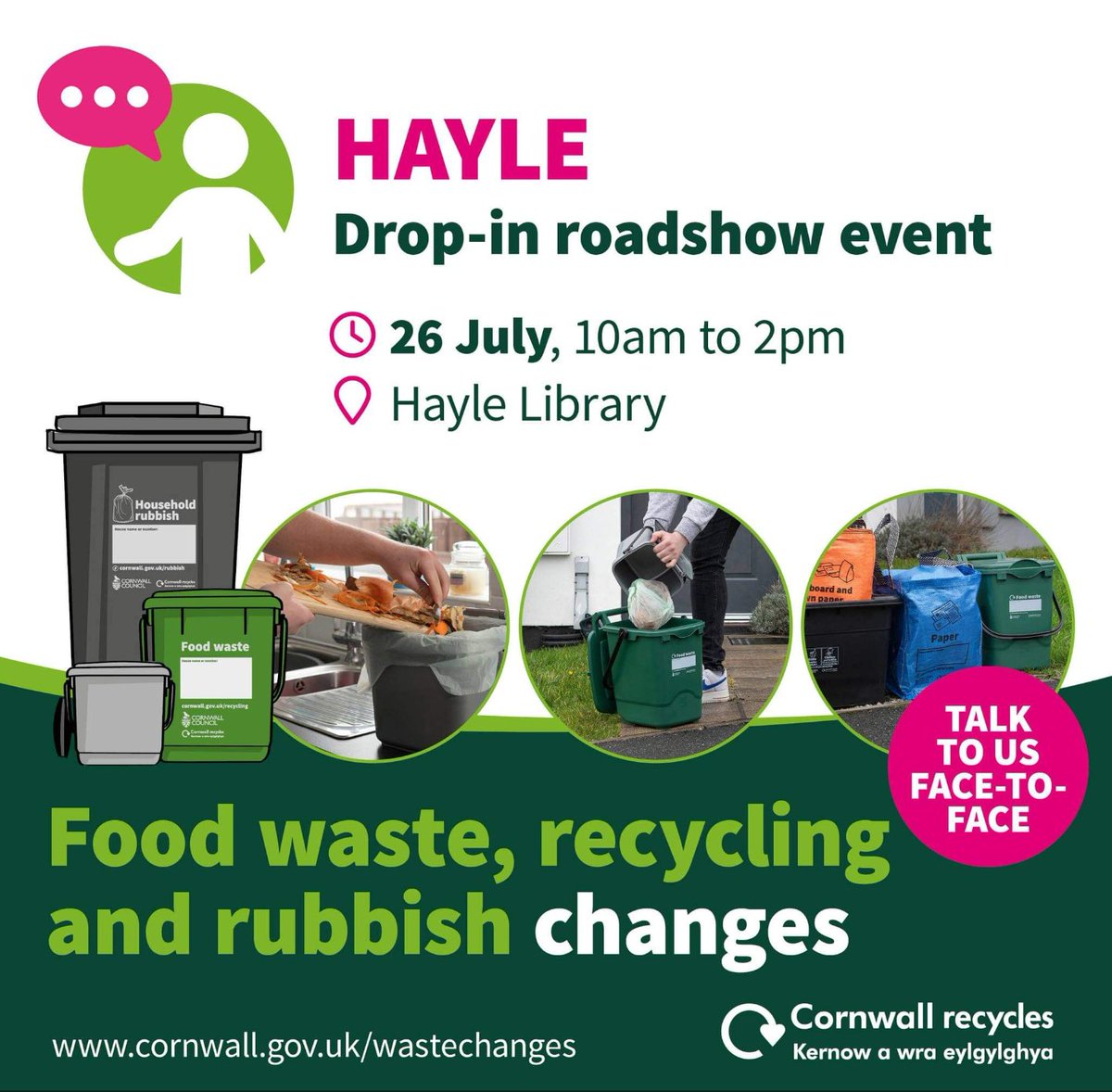 The Waste team are in Hayle library this Friday morning from 10am-12pm to answer any questions and help with any issues you might have with the new waste service