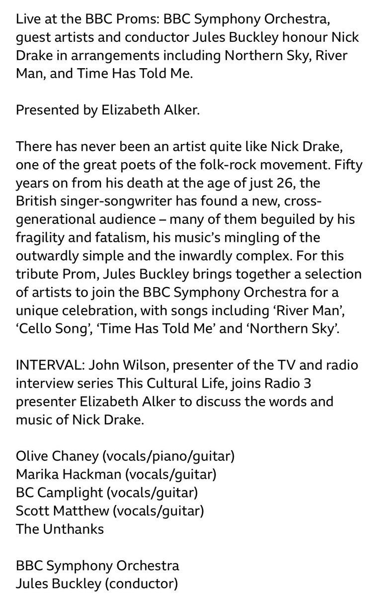 JohnWilson14's tweet photo. A few months ago I proposed a @bbcproms to celebrate the beautiful music of Nick Drake. 
I’m so delighted that, tonight @RoyalAlbertHall, Nick’s songs will be orchestrated by @julesbuckley &amp; @BBCSO

Listen live @BBCRadio3 7.30pm. I’ll be on with @elizabethalker during interval https://t.co/BnKcvQ1Nmc