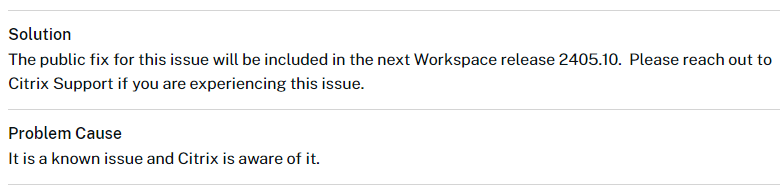cstalhood's tweet photo. Application launch fails after upgrading to Citrix CWA 2405 https://t.co/k9SxcObA6B < public fix for this issue will be included in the next Workspace release 2405.10 https://t.co/YLWtMIIoVz