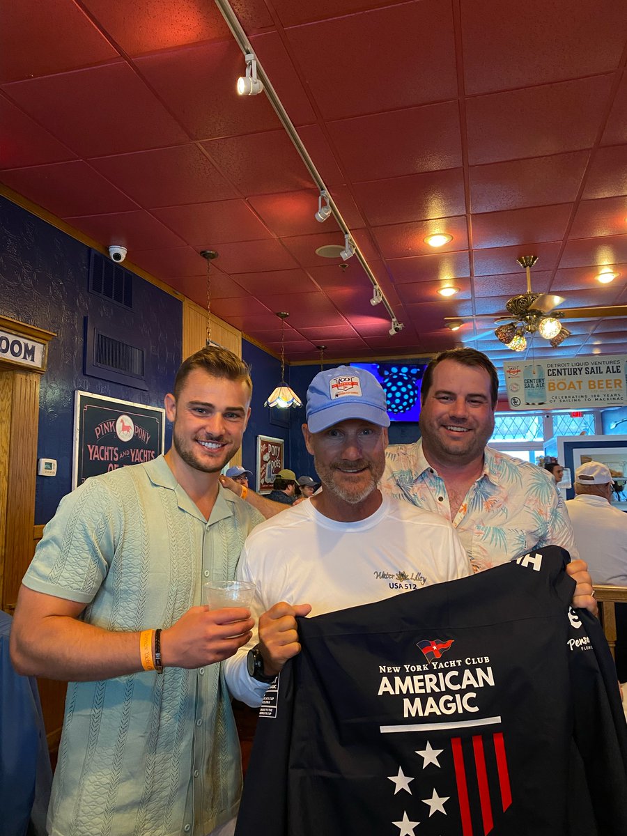 TDAInsurance's tweet photo. We’re extremely proud of our very own Eric Johnson, competing in the 2024 Bayview Mackinac Race over the weekend, sailing from Port Huron to Mackinac Island! Pictured alongside his shipmate Bruce Lilly and his son Driscoll Lilly, celebrating a successful race on Mackinac Island. https://t.co/K2ZjmUSU3H