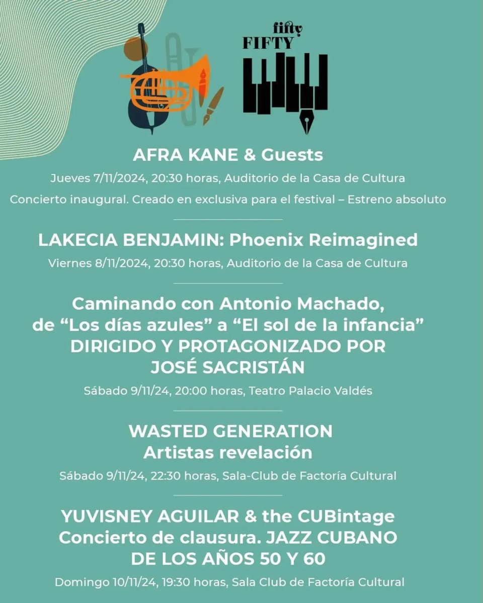 Definido el cartel jazzistico del <a href="/FestivalFifty/">Fifty-Fifty Jazz & Poetry Festival</a> (aún quedan cosas por anunciar en el terreno poetico). Lujazo tener en Asturias a Lekecia Benjamin y mucho ojo a los Wasted Generation. Los italianos son una barbaridad...