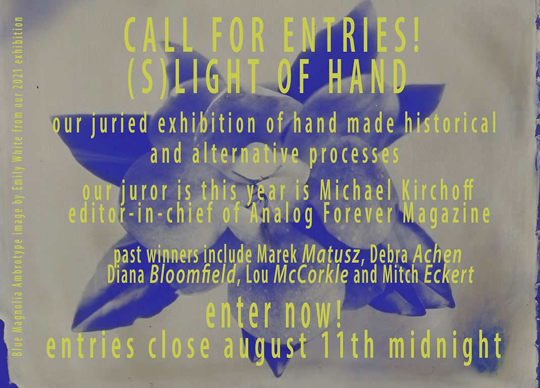 Happy to be the juror for this year's "(s)Light of Hand" exhibition at  The Photographer’s Eye Collective &amp; Gallery! Deadline: August 11 #alternativeprocess
thephotographerseyecollective.com/juried-exhibit…