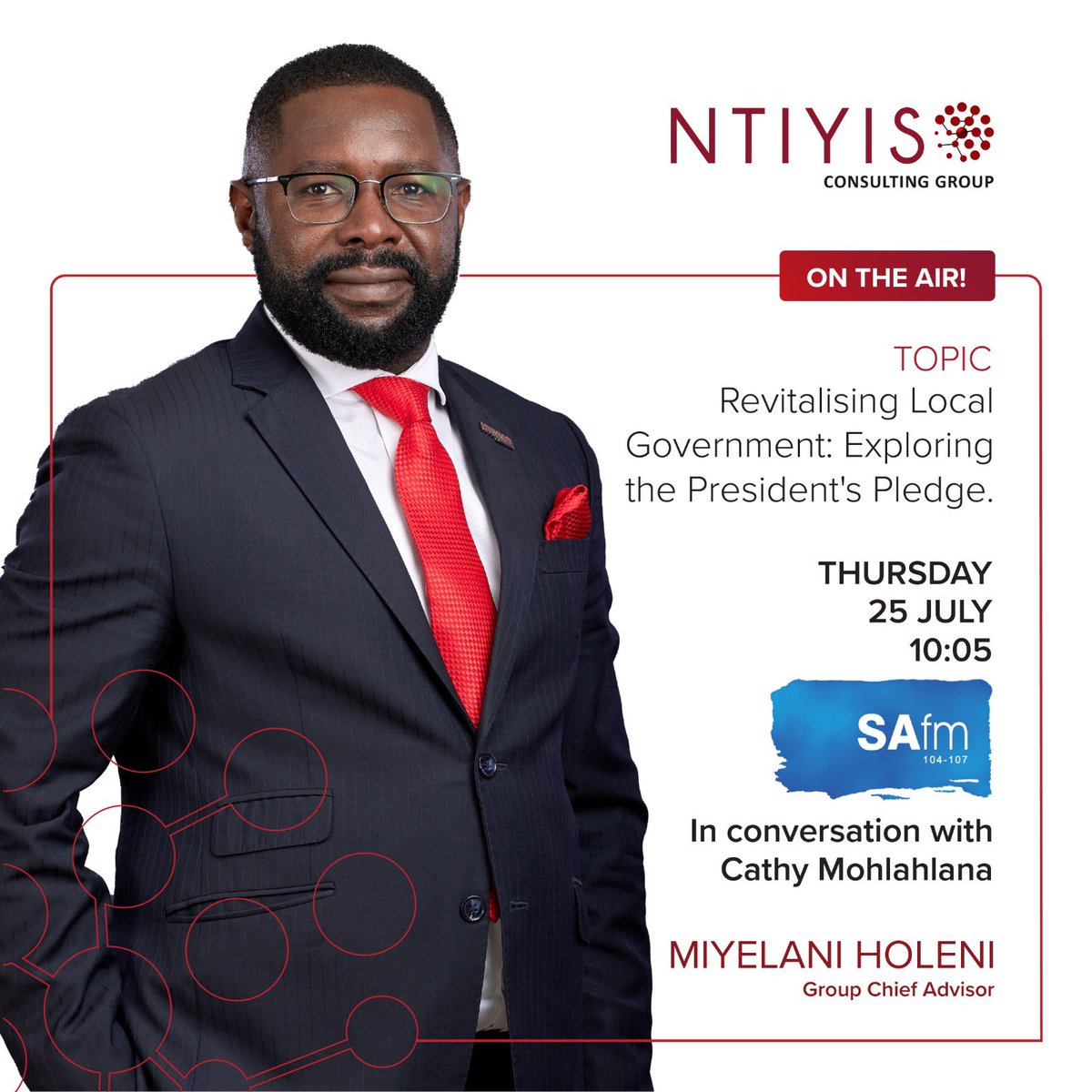 NtiyisoConsult's tweet photo. Tune in to SAFM tomorrow at 10h00 our GCA, Miyelani Holeni joins Cathy Mohlahlana on Municipal Watch to discuss the President's pledge to support municipalities!
#SAFM #MunicipalWatch #LocalGovernment #NtiyisoConsultingGroup #Unlockingdevelopment https://t.co/KFhe5XTlLB