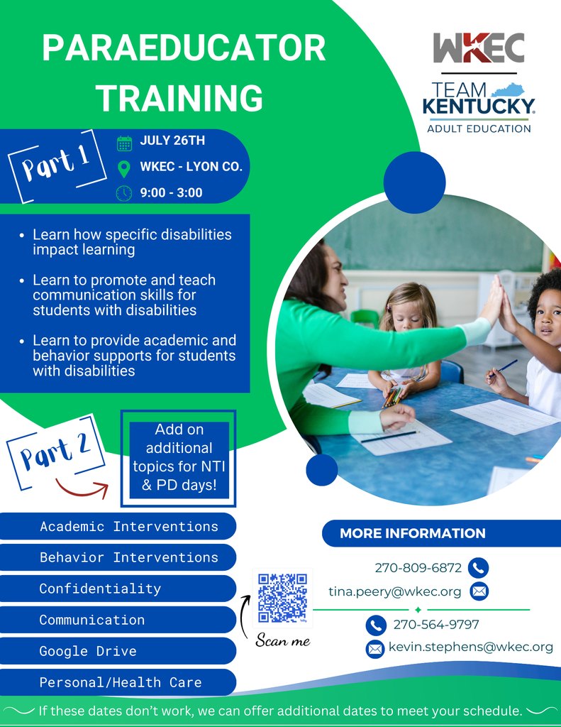 WKECSpecialEd's tweet photo. Paraeducator Training July 26! Use the QR code to register! https://t.co/pZ9YBISVWz