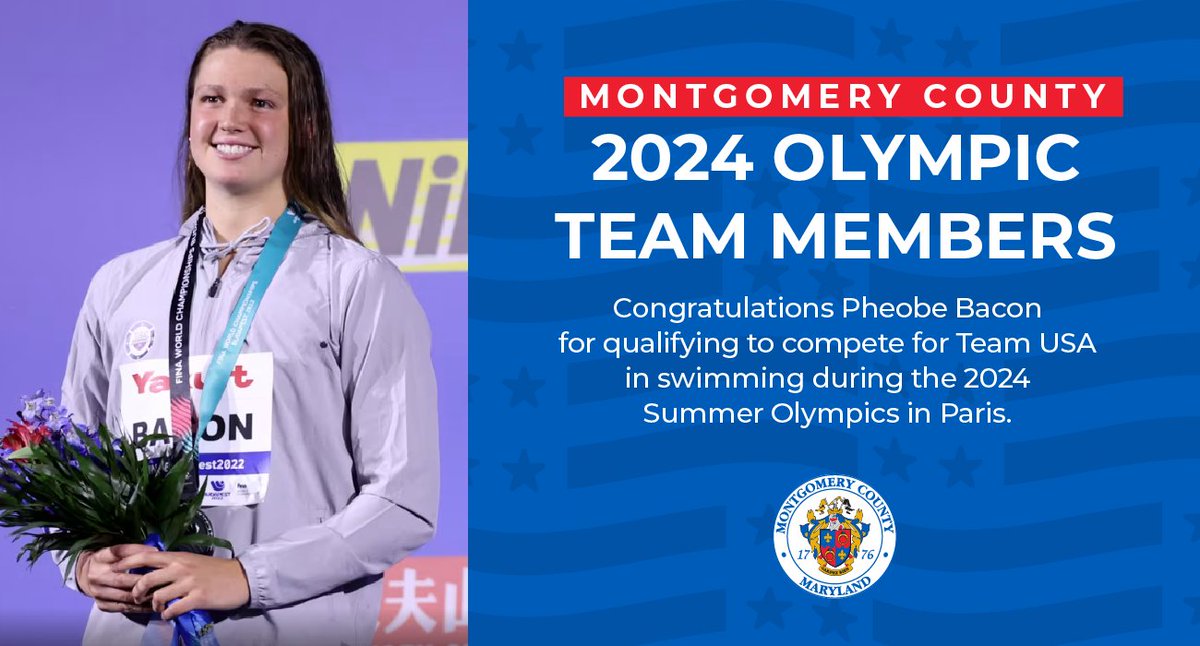 MontgomeryCoMD's tweet image. 🌟 Big shoutout to Montgomery County’s own Phoebe Bacon! 🏊‍♀️ At just 21, this Chevy Chase star is heading to her second Olympics, competing in the women’s 200m backstroke in Paris. Let's cheer her on and show our MoCo pride! 🇺🇸🥇 #TeamUSA #MoCoProud #Paris2024