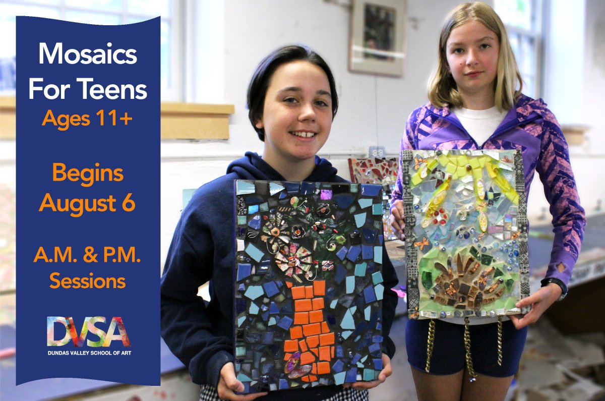 Don’t miss this summer fave! Spaces remain for  Mosaics for Teens 11+. Learn to “draw, paint and sculpt” with pieces of broken treasures &amp; create unique mosaic works. Begins Aug. 6. AM &amp; PM options.
See dvsa.ca/classes – Summer Art Camp–Wk 6.
-
#HamOnt  #Ancaster #Dundas
