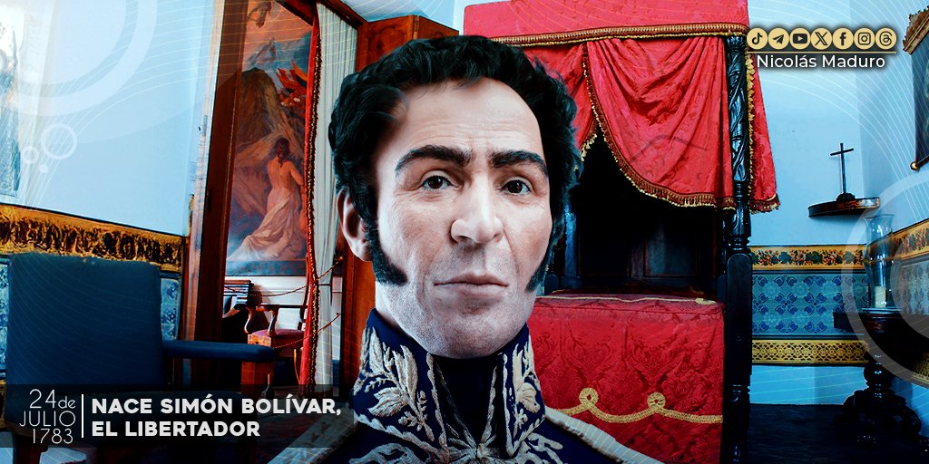 A 241 años del nacimiento del Libertador #SimónBolívar, sentimos presente su fuerza espiritual, sus hijos e hijas seguimos empuñando su bandera y su espada para defender la #democracia verdadera, popular, socialista y antiimperialista, con su coraje, voluntad y determinación.