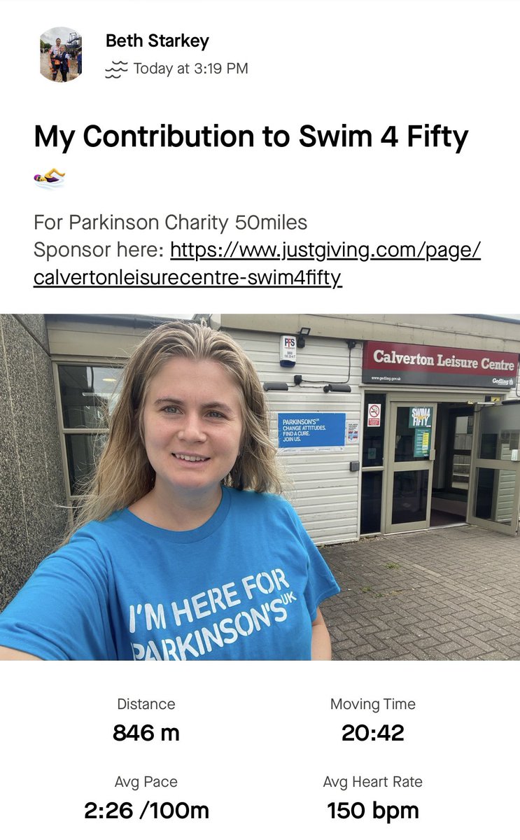 Carrel Ward NUH (@carrelnuh) on Twitter photo Our Ward Manager has contributed to the <a href="/GedlingBC/">Gedling Borough Council</a> swim 4 fifty at Calverton Leisure Centre!
50Miles continuous swim - completed by the community and staff of Gedling.
All proceeds go to the wonderful charity of <a href="/ParkinsonsUK/">Parkinson's UK</a>
justgiving.com/page/calverton… Our Ward Manager has contributed to the <a href="/GedlingBC/">Gedling Borough Council</a> swim 4 fifty at Calverton Leisure Centre!
50Miles continuous swim - completed by the community and staff of Gedling.
All proceeds go to the wonderful charity of <a href="/ParkinsonsUK/">Parkinson's UK</a>
justgiving.com/page/calverton…