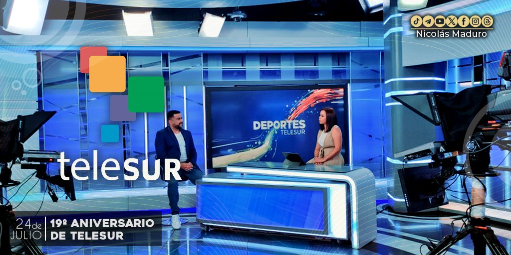 Nicolás Maduro (@nicolasmaduro) on Twitter photo Felicidades a nuestra querida <a href="/teleSURtv/">teleSUR TV</a> que cumple 19 años de fundación, envío un saludo a sus trabajadores y trabajadoras, un gran equipo profesional que se esfuerza para transmitir al mundo las realidades de nuestros #pueblos del #Sur. Felicidades a nuestra querida <a href="/teleSURtv/">teleSUR TV</a> que cumple 19 años de fundación, envío un saludo a sus trabajadores y trabajadoras, un gran equipo profesional que se esfuerza para transmitir al mundo las realidades de nuestros #pueblos del #Sur.
