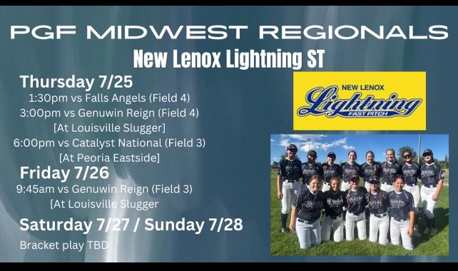 My team and I will be playing in the PGF Midwest Regionals this weekend! Hope you can stop by and catch a game! ⚡️⚡️ <a href="/NLLightningST/">New Lenox Lightning ST</a> <a href="/NLL18UGold/">New Lenox Lightning 18U Gold</a>