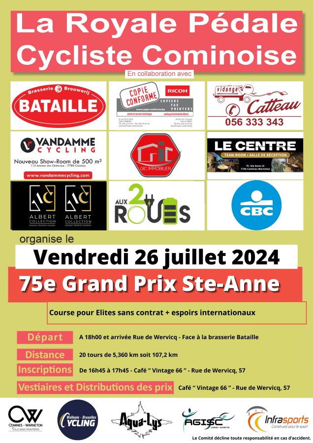 PloegsteertInfo's tweet photo. Comines : le 75eme grand prix Saint-Anne: Le 75eme grand prix Saint-Anne, course pour élites sans contrat et espoirs internationaux se déroulera vendredi 26 juillet prochain. Départ des 18h rue de WervicqVoici l’affiche de cette édition 2024. Bienvenue à… https://t.co/q2oGSG3Tkq https://t.co/mBncaGmW0T