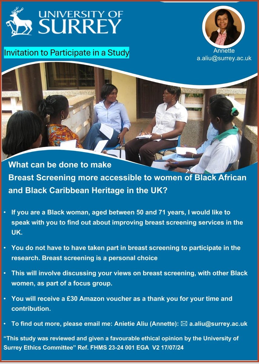 Anietie Aliu (@aliuannette) on Twitter photo 📢 Breast Screening Study: We are recruiting!! Please share🔊
What is the study about?
We want to gain insight into the experiences of Black women using NHS breast screening services.
Please contact Annette (a.aliu@surrey.ac.uk) if you are interested or need further information 📢 Breast Screening Study: We are recruiting!! Please share🔊
What is the study about?
We want to gain insight into the experiences of Black women using NHS breast screening services.
Please contact Annette (a.aliu@surrey.ac.uk) if you are interested or need further information