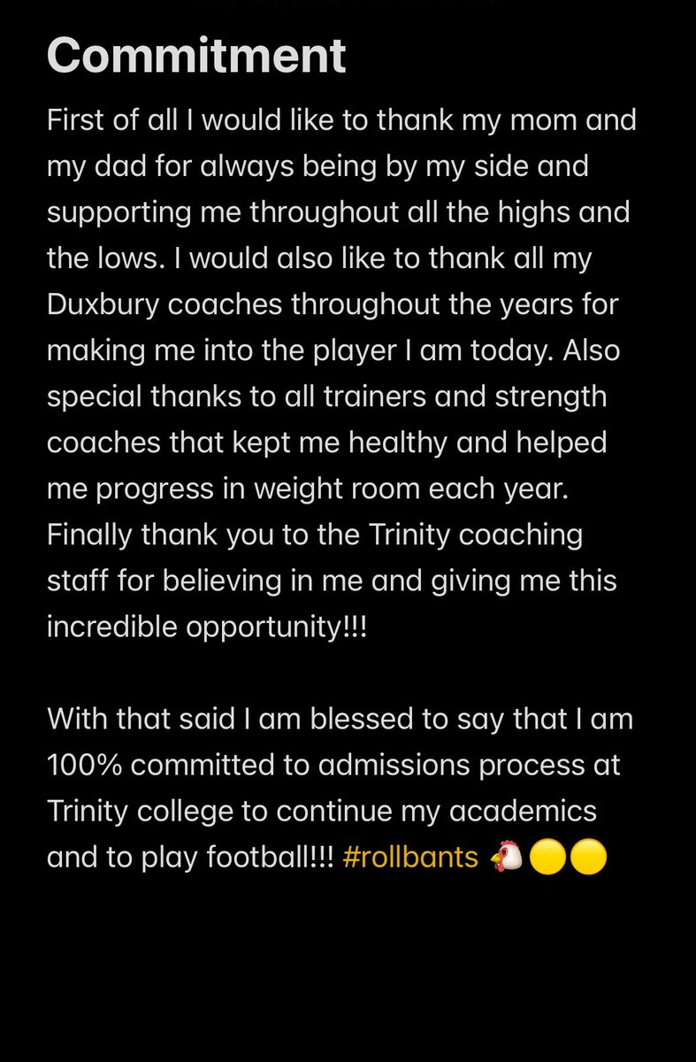 Jack Rees (@jackrees36) on Twitter photo I am honored to announce that I am 110% committed to the admissions process at Trinity college to continue my academics and to play football!!! #rollbants 🟡🟡<a href="/DuxHSFootball/">Duxbury HS Football</a> <a href="/CoachDevanney/">Jeff Devanney</a> <a href="/CoachAcq/">Lew Acquarulo</a> <a href="/coachmelnitsky/">Mark Melnitsky</a> I am honored to announce that I am 110% committed to the admissions process at Trinity college to continue my academics and to play football!!! #rollbants 🟡🟡<a href="/DuxHSFootball/">Duxbury HS Football</a> <a href="/CoachDevanney/">Jeff Devanney</a> <a href="/CoachAcq/">Lew Acquarulo</a> <a href="/coachmelnitsky/">Mark Melnitsky</a>