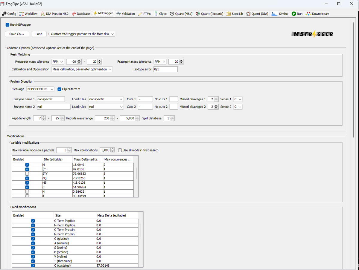 nesvilab's tweet photo. @pwilmarth @DavidGomezZep After a lot of tests, these are #MSFragger settings in #FragPipe for nonspecific-HLA-C57 workflow: C+57 as fixed and cysteinylation (+119) as a variable mod (with +62 mass shift). In nonspecific-HLA (the most commonly used workflow), there is just C+119 as variable and no C+57. https://t.co/OGQqS3rVsm