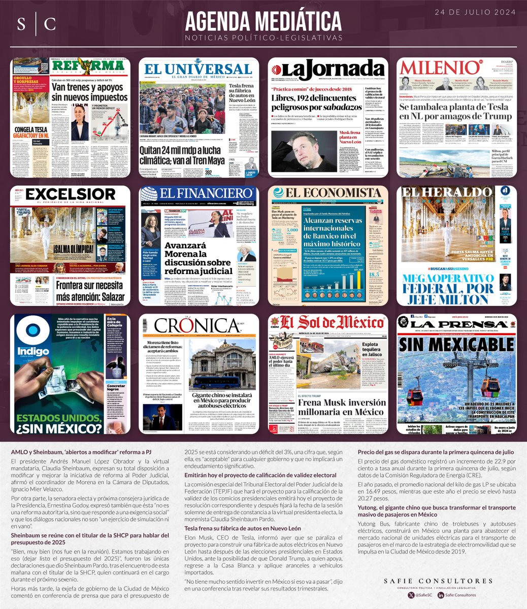📰 #SafieConsultores te presenta el análisis de la agenda mediática de hoy. Descubre las tendencias y temas clave que están marcando la conversación nacional. #PrimerasPlanas #PolíticaNacional

<a href="/lopezobrador_/">Andrés Manuel</a>  <a href="/Claudiashein/">Claudia Sheinbaum Pardo</a> 

💻mailchi.mp/safieconsultor…