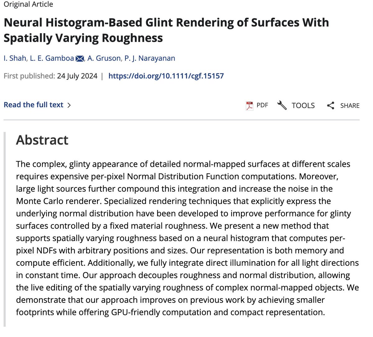 P J Narayanan (@pjnarayanan) on Twitter photo Our #EGSR2024 paper, with my student <a href="/ishaan_n_shah/">Ishaan Shah</a>, Adrien Gruson <a href="/BeltegeuseCG/">Adrien Gruson</a>, and Luis Gamboa, sped up glint rendering using neural histograms. We handled spatial varying surface roughness for the first time. Do check it out!
Adrien presenting it: youtube.com/watch?v=oRfXfI… Our #EGSR2024 paper, with my student <a href="/ishaan_n_shah/">Ishaan Shah</a>, Adrien Gruson <a href="/BeltegeuseCG/">Adrien Gruson</a>, and Luis Gamboa, sped up glint rendering using neural histograms. We handled spatial varying surface roughness for the first time. Do check it out!
Adrien presenting it: youtube.com/watch?v=oRfXfI…
