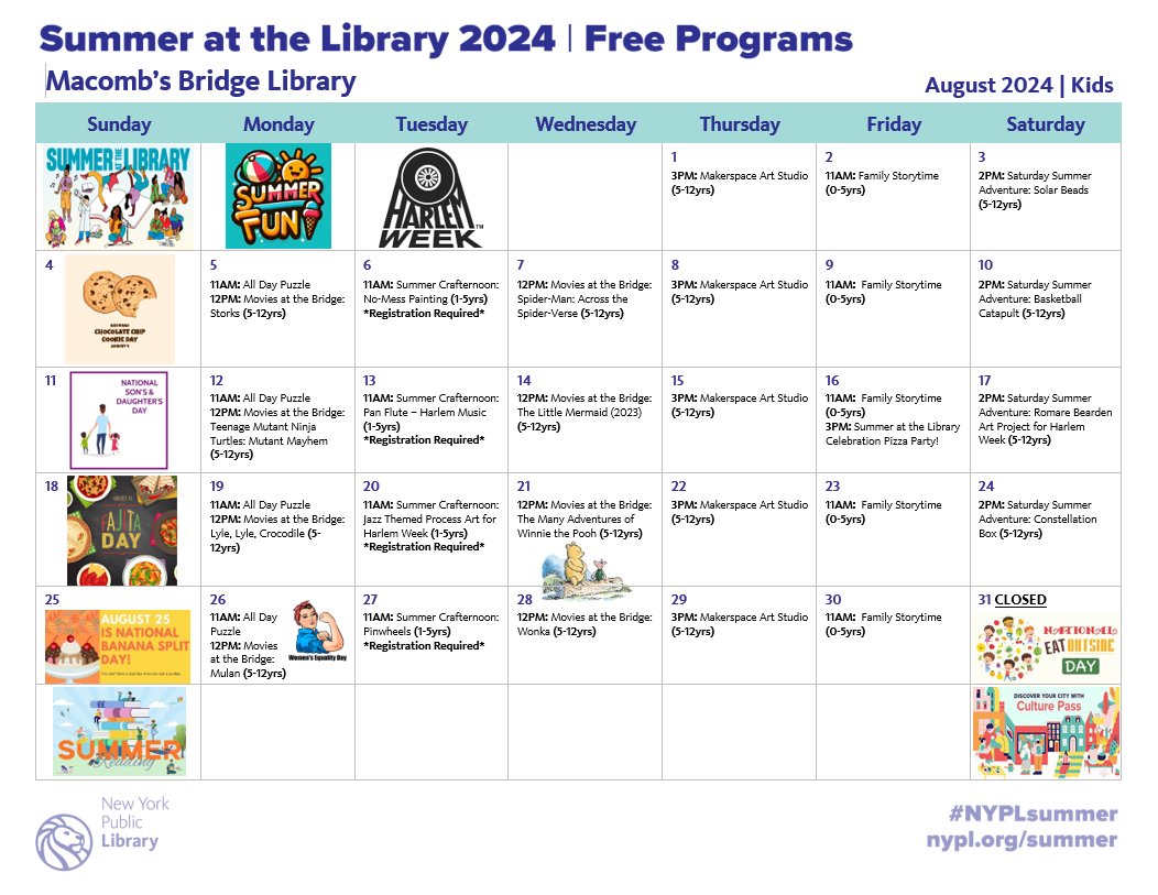 MacombsBriLib's tweet image. Summer Learning continues at #NYPL this August! Come to Macomb&apos;s Bridge Library kids&apos; programs like film screenings, art projects, and - most excitingly! - our Saturday Summer Adventure series.