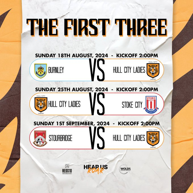 The First 3 game of the 2024/25 Season! 🐯

Pick up a season pass: 11 League games of the 2024/25 Season, Pre-Season Friendlies, FAWNL Cup / Plate Games, 2x free U16 Tickets with every pass &amp; Free entry into all Reserve Team games ⚽

🎫 HullCityLadies.com