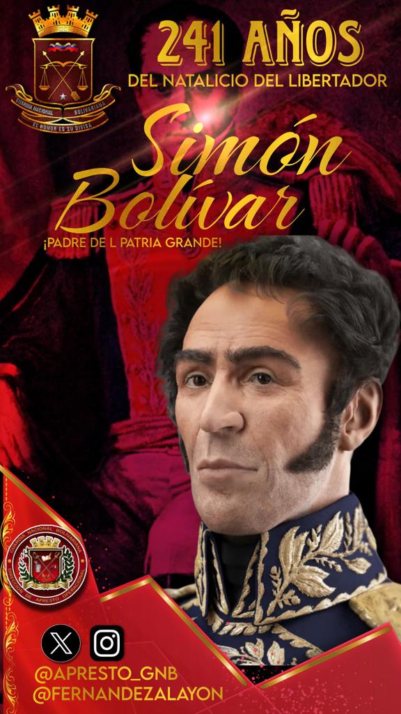 #24Jul 241º Aniversario del Natalicio de Simón Bolívar, padre de la Patria, celebramos con alegría la vida de este gran líder, cuyo pensamiento político, militar, humanista y transdisciplinario transformó el destino de América. ¡Su Doctrina Bolivariana, permanece por siempre!