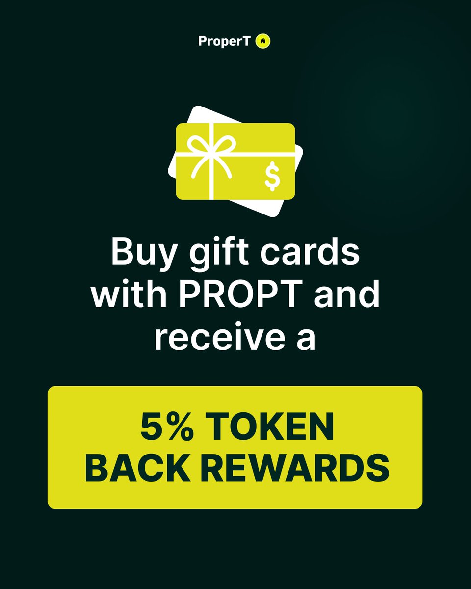 GetProperT's tweet photo. Get 5% back on gift card purchases with #PROPT at https://t.co/e3YhquYVpQ!💰 

PROPT, a fully fungible #token, rewards you with 5% of your purchase value. 

Learn more about ProperT Rewards Token and start browsing gift cards at https://t.co/a1e1GmhFbh https://t.co/IdDdTHutZj