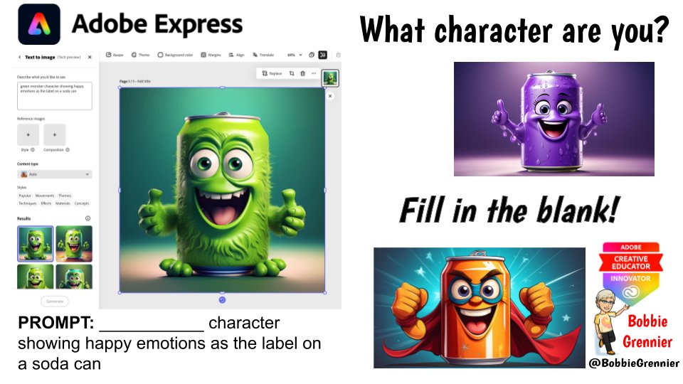 BobbieGrennier's tweet photo. Hey, take the Character Soda challenge using @AdobeExpress Generative AI 🔥Show us yours! #AdobeEduCreative @TheTechProfe @ClaudioZavalaJr @TanyaAvrith #BEEGOLD @GoldEDULLC #ACEInnovator @mrshowell24 https://t.co/fIuUiBMmU9