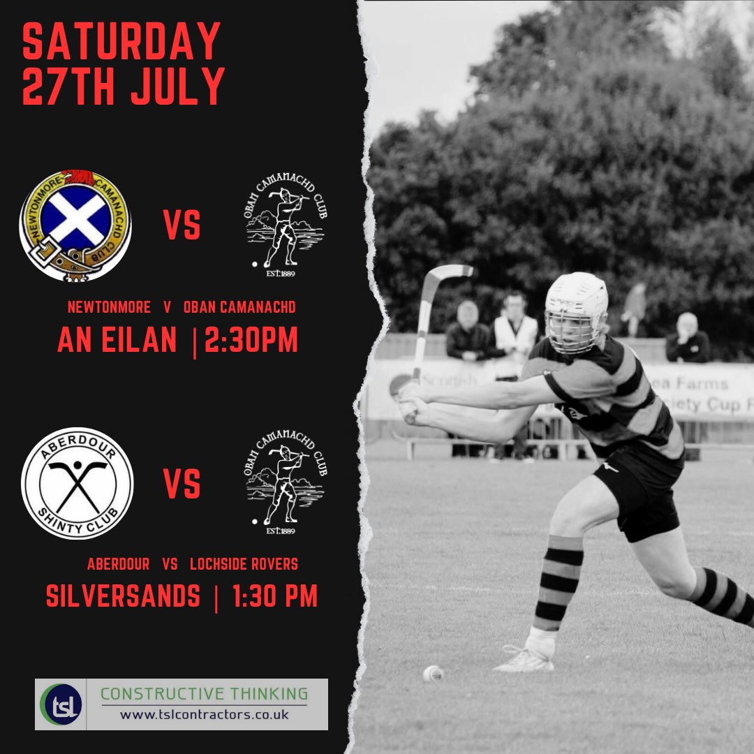 Away in the league this weekend 🏑🏑

🆚 <a href="/NCamanachd/">Newtonmore Camanachd</a> 
🏆 Premiership
⌚ 2:30pm 
🏟️ An Eilan

🆚 <a href="/aberdourshinty/">Aberdour Shinty Club</a> 
🏆South 1
⌚ 1:30pm 
🏟️ Silversands

📸 @ShintyCentral 
🏃🏽‍♂️ Gregor MacDonald

Sponsored by: <a href="/TSL_Ltd/">TSL</a> 🟢🔵

<a href="/camanachd/">Shinty</a> 

#WeAreTheObanCamanachd🔴⚫️