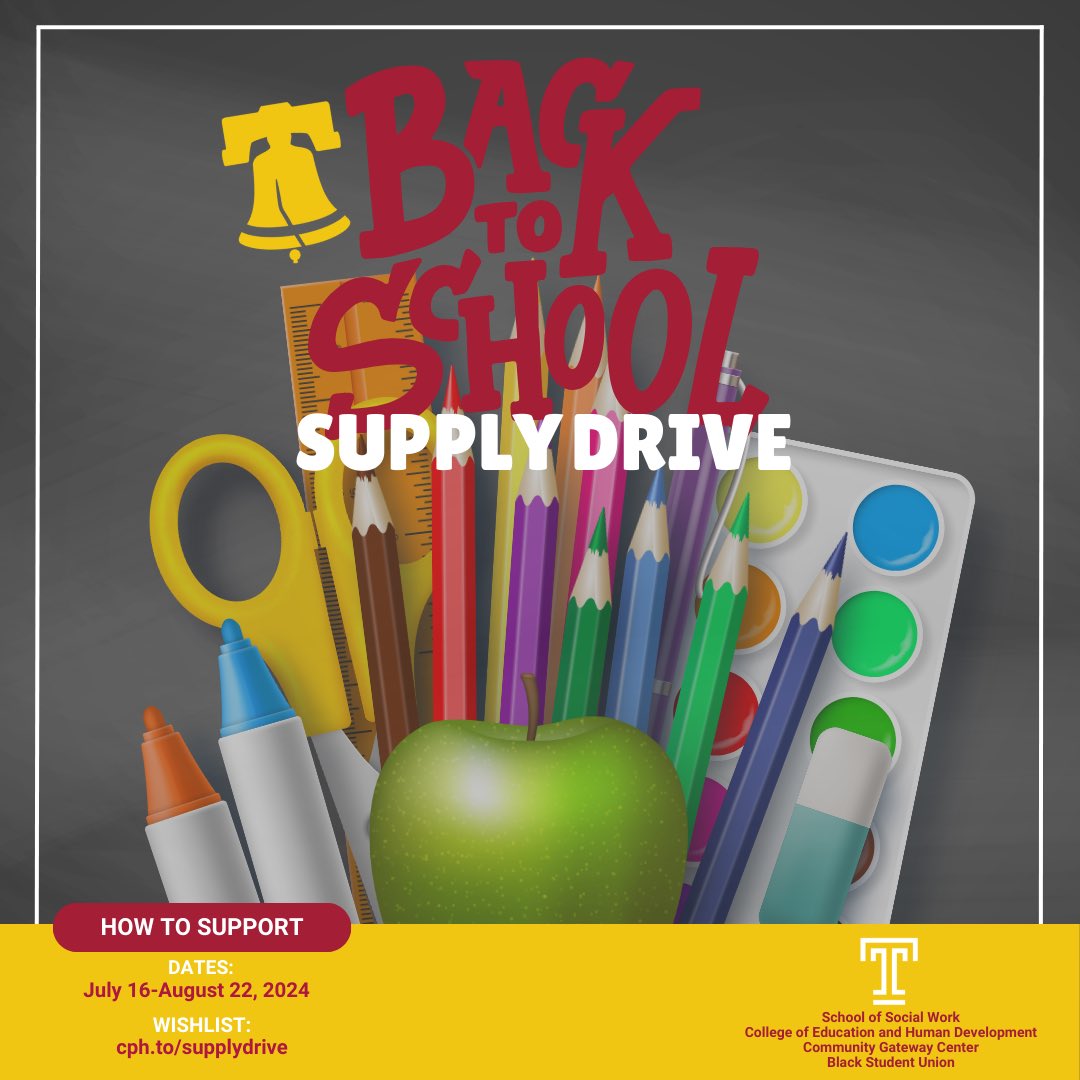 Temple University Social Work (@templessw) on Twitter photo Join us, in partnership with <a href="/templecehd/">Temple College of Education and Human Development</a>, <a href="/bsu_temple/">Temple BSU</a>, and Temple Community Gateway for our Back to School Supply Drive happening until August 22!
Together we will help North Philly students and schools start their year off right!
Amazon Wishlist: cph.to/supplydrive Join us, in partnership with <a href="/templecehd/">Temple College of Education and Human Development</a>, <a href="/bsu_temple/">Temple BSU</a>, and Temple Community Gateway for our Back to School Supply Drive happening until August 22!
Together we will help North Philly students and schools start their year off right!
Amazon Wishlist: cph.to/supplydrive