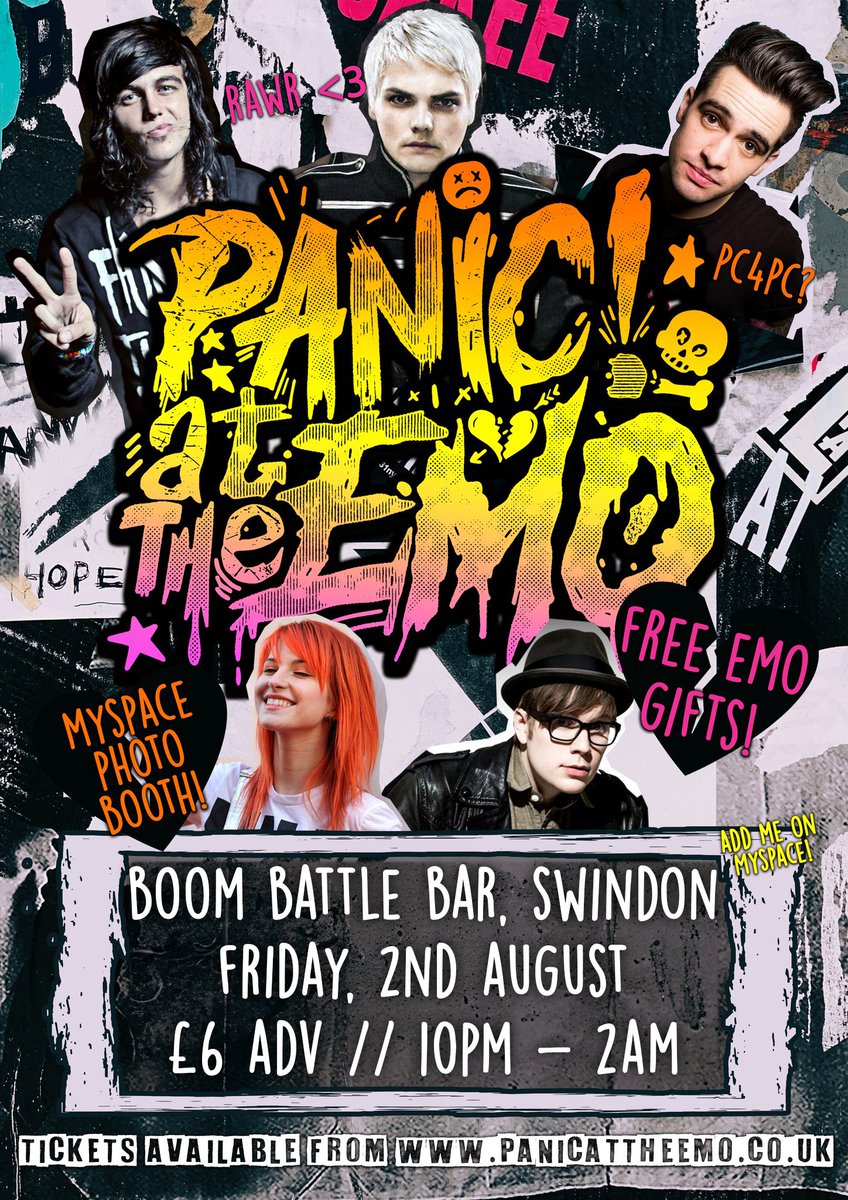 🖤SWINDON! Ready to revisit the golden days of emo? Gather your friends, dig out those old Converse and MCR shirts—it's time to sing your heart out at our Panic At The Emo Club Night! 🖤
🎟️ Tickets: fatso.ma/Z6HP
Event: Panic At The Emo Night Boom Battle Bar Swindon