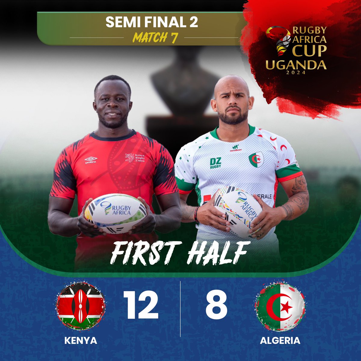Rugby Africa Cup l Uganda 2024 

Match Day2 

Match 7 l  Semifinal 2

Halftime score 

#RugbyAfricaCup2024
#RugbyAfricaCupUG 
#RaiseOurGame
#nilespecialrugby🏉