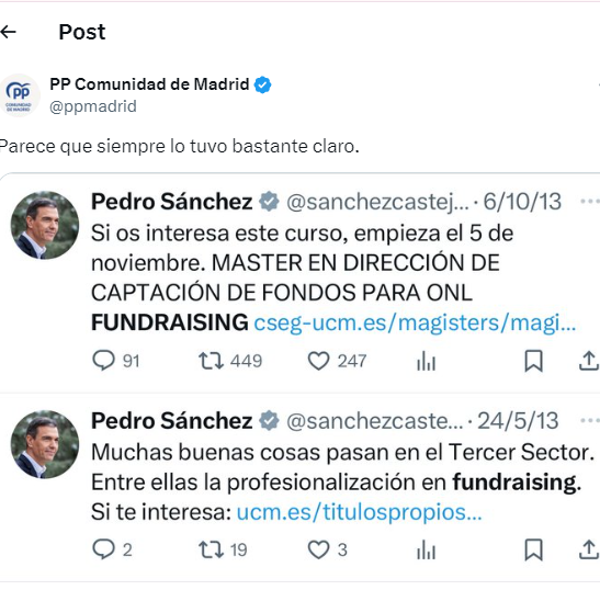 <a href="/ppmadrid/">PP Comunidad de Madrid</a> Es decir, que la carrera de Begoña Gómez es gracias a su talento y capacidades, porque Pedro Sánchez no era presidente del Gobierno, ni tan siquiera secretario general de PSOE ni tenía ningún cargo importante. Pues, gracias al PP de Madrid y Ayuso