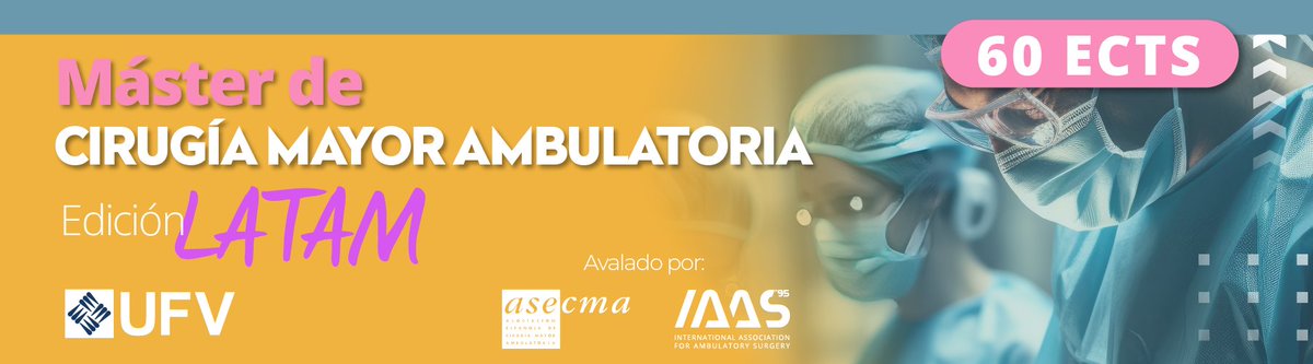 Comprometidos con la CMA en Latinoamérica lanzamos el Máster en Cirugía Mayor Ambulatoria Edición LATAM.

Online
60 ECTS
1 año de duración

Inicio: septiembre 2024
80 plazas

1 módulo común + 1 módulo a elegir: Anestesia, Cirugía, Enfermería

Inscripción reducida hasta el 31/08