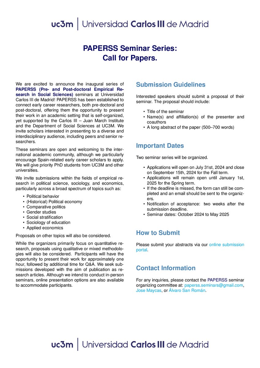 📢 Attention early-career researchers in political science, sociology, and applied economics! Submit your proposals for the PAPERSS seminars at <a href="/uc3m/">UC3M</a>, where you can present your work aimed at publication. In-person and online presentation options available. Deadline Sep 15, 2024.