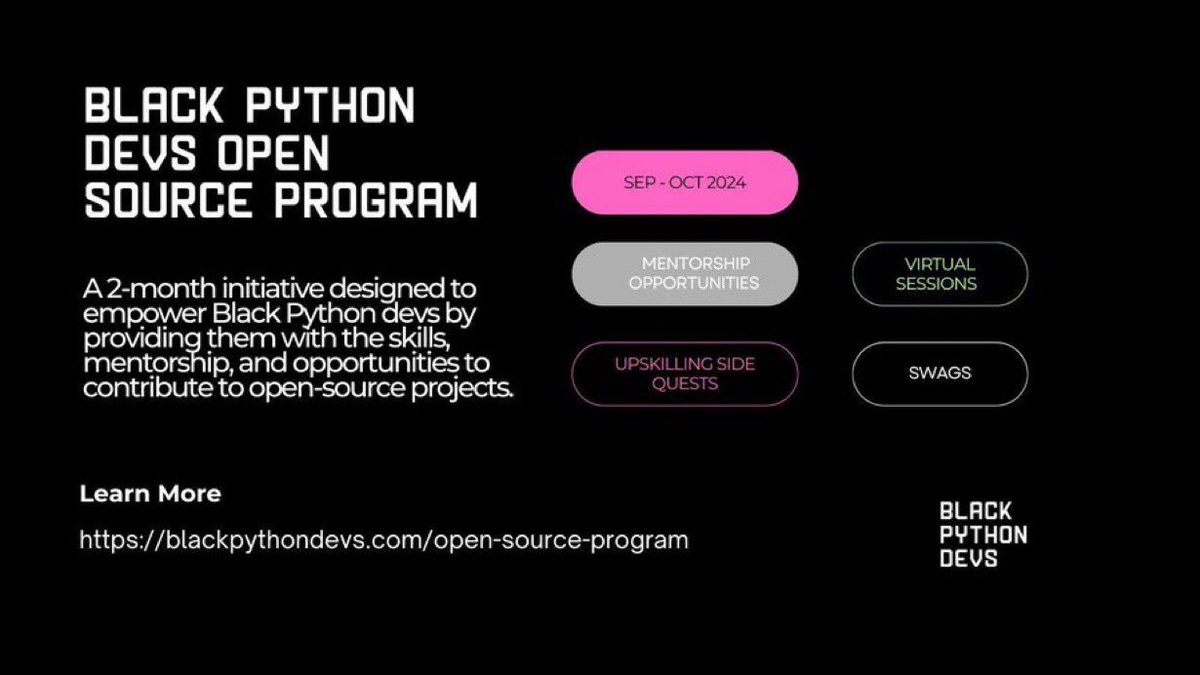 Afi (@afi_maame) on Twitter photo We're launching a trial 2-month open-source program offering BPD members the opportunity to collaborate with mentors and project maintainers for their first open-source contributions!
Learn more about the projects and sign up here: buff.ly/46j9bCD
<a href="/blackpythondevs/">Black Python Devs</a> We're launching a trial 2-month open-source program offering BPD members the opportunity to collaborate with mentors and project maintainers for their first open-source contributions!
Learn more about the projects and sign up here: buff.ly/46j9bCD
<a href="/blackpythondevs/">Black Python Devs</a>