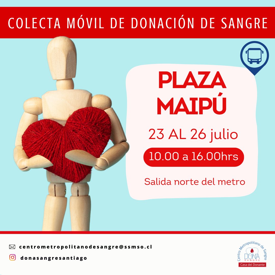 Hoy Campaña de Donación de Sangre en #plazamaipu
Te esperamos en el bus de la donación 🙌
Dona Sangre, dona vida