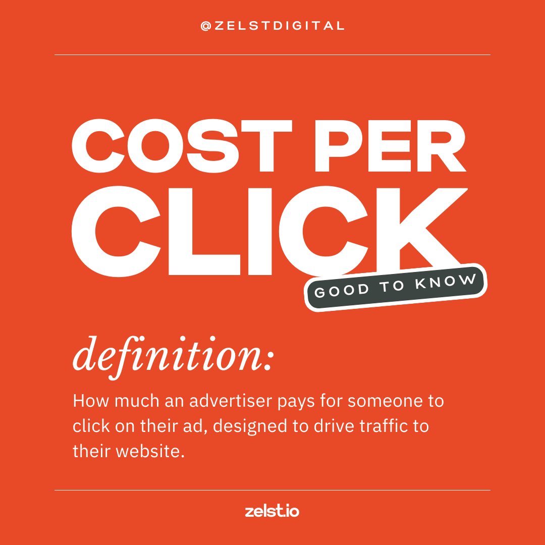Zelst_'s tweet image. Cost Per Click is how much an advertiser pays for someone to click on their ad, designed to drive traffic to their website. Follow us for more digital marketing jargon busters and industry updates! #CostPerClick #DigitalMarketing #DigitalMarketingJargon