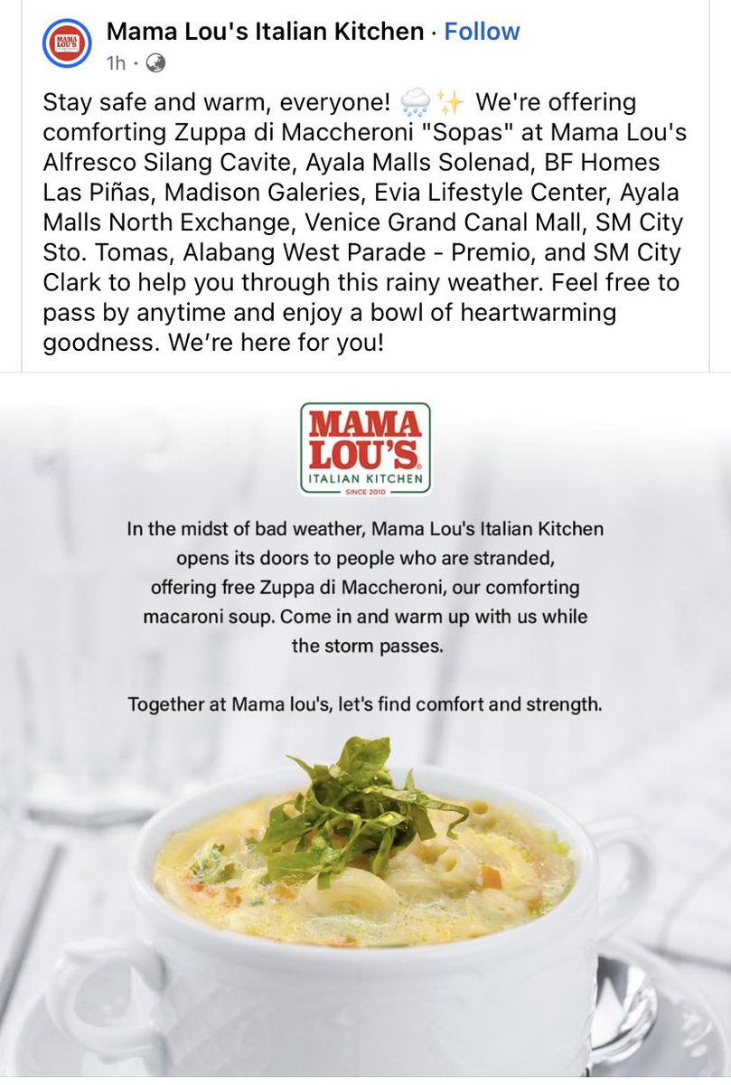 khanea_'s tweet photo. saw this on fb and might share it here as well 

mama lou’s italian kitchen is offering free soups (if you happen to pass by their branches) + urban chick maginhawa made a sponsor/donation drive for a bowl of lugaw to be brought to evacuation centers in qc! https://t.co/wxMpF6t6ND