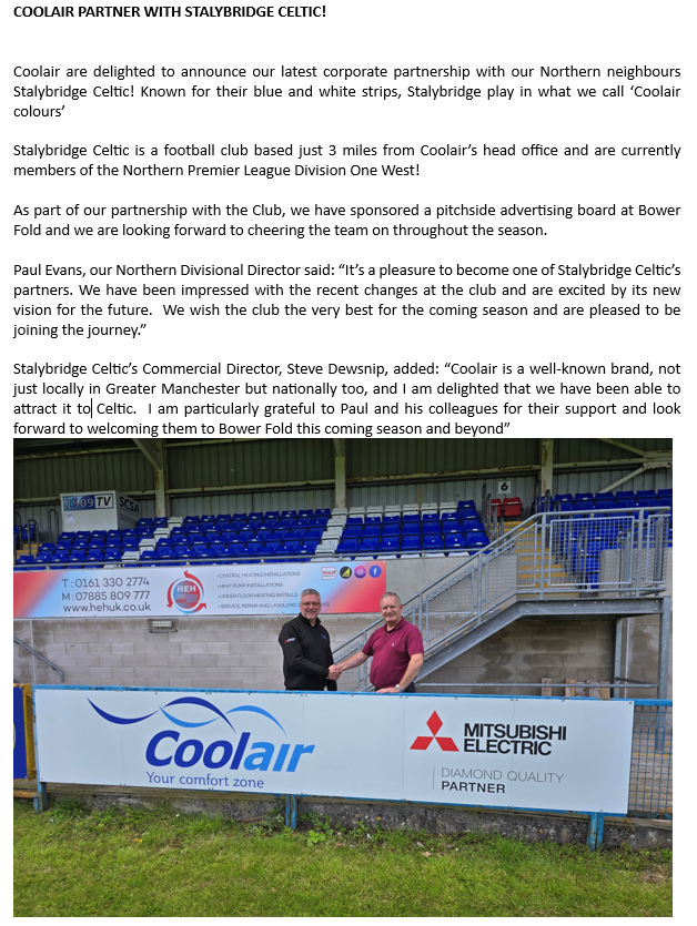 Coolair partner with Stalybridge Celtics! 

#coolair #coolairequipment #hvac #football #stalybridge
