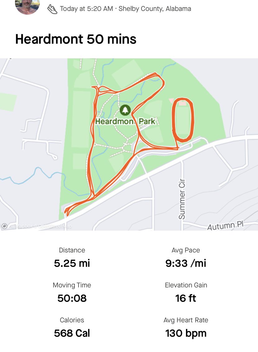 Bama26Point2's tweet image. 5:20am * 71°F 100% humidity .. 5.25 soupy miles in 50:08 at Heardmont Park* continuing the run / walk but much less walking * good start to this Hump Day #runchat #runner #runcoach