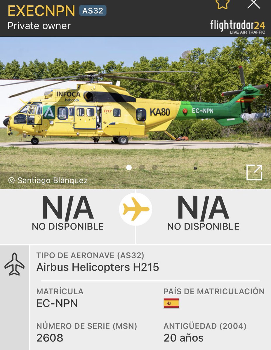 AvistamientosA's tweet image. 🔴Airbus Helicopters H215 (EC-NPN) de #Avincis y trabajando para el Plan INFOCA (Incendios forestales) “EXECNPN” “KILO ALFA 80” al sur de #Sevilla