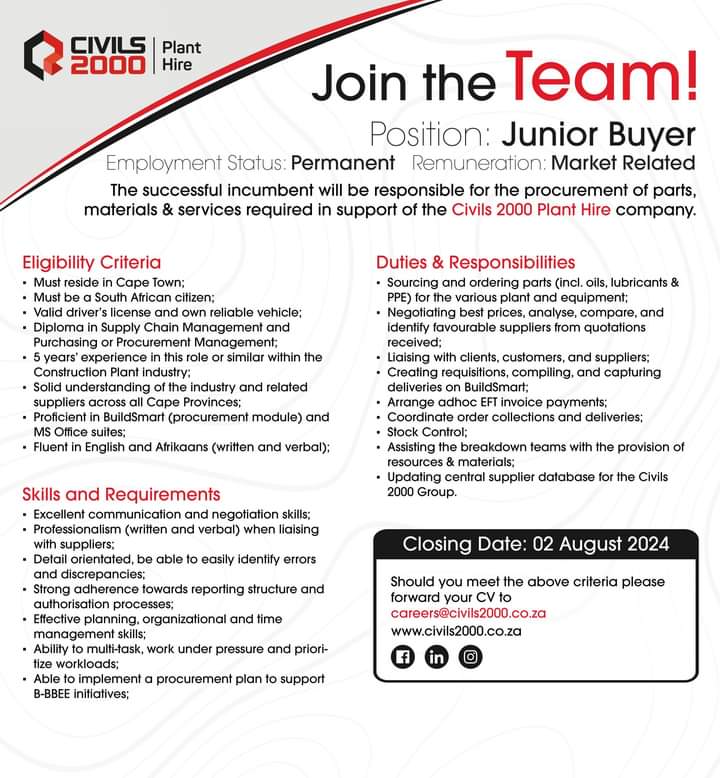 CarolBoitumelo1's tweet photo. WE ARE HIRING!
Do you fit the requirements? Join the Civils 2000 team today!
Send your CV to careers@civils2000.co.za and we could be calling you soon.
PLEASE NOTE: Applicants must put the position applying for in the subject line of the email.
#Civils2000 https://t.co/N5oAxUx5of