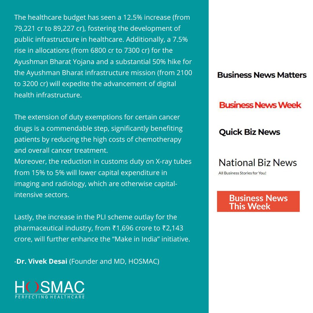 Dr. Vivek Desai, Founder and Managing Director of HOSMAC, has shared his views on the Union Budget 2024, particularly focusing on its implications for the healthcare sector.

#healthcare #hospital #UnionBudget2024 #UnionBudget24 #Budget #Budget2024 #BudgetReactions